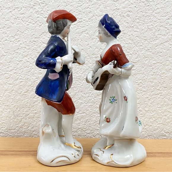 Pair Vintage Occupied Japan Colonial Victorian Couple Playing Instrument Figure - Picture 2 of 11